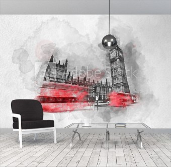 Bild på Watercolor painting of red bus in London the UK